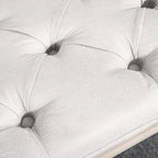 Panca francese vintage da fondo letto, panca imbottita in lino con seduta spessa e gambe in legno, panca capitonné per camera da letto