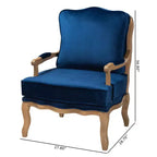 Poltrona accentuata in tessuto tradizionale blu navy e legno di quercia francese marrone