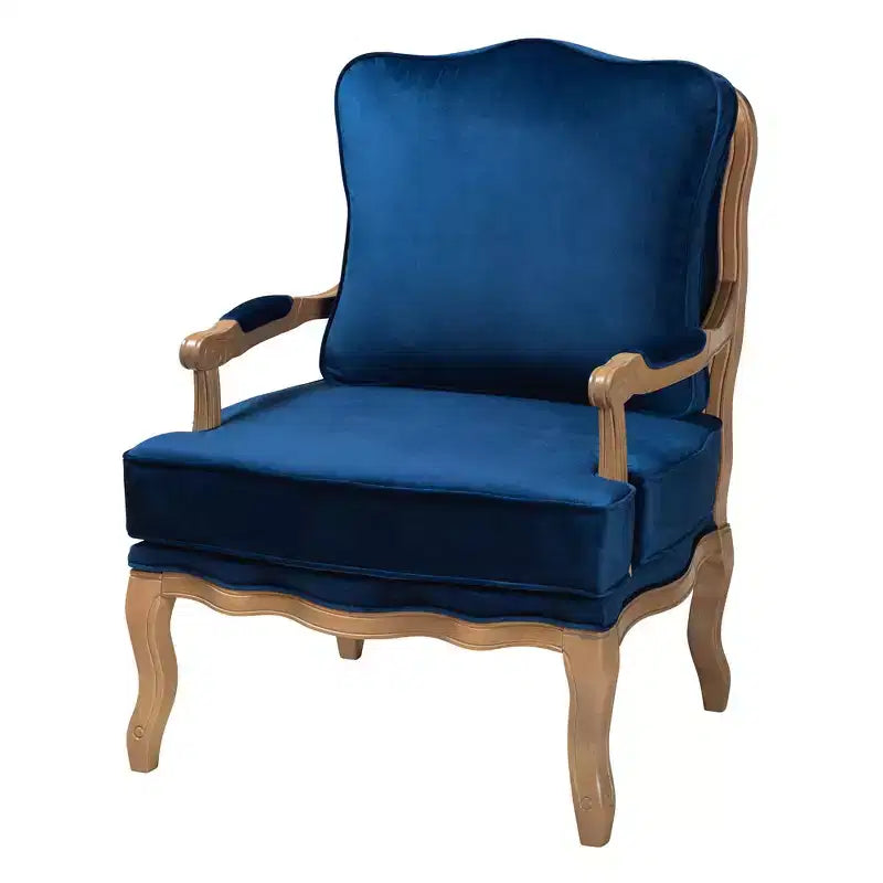 Poltrona accentuata in tessuto tradizionale blu navy e legno di quercia francese marrone