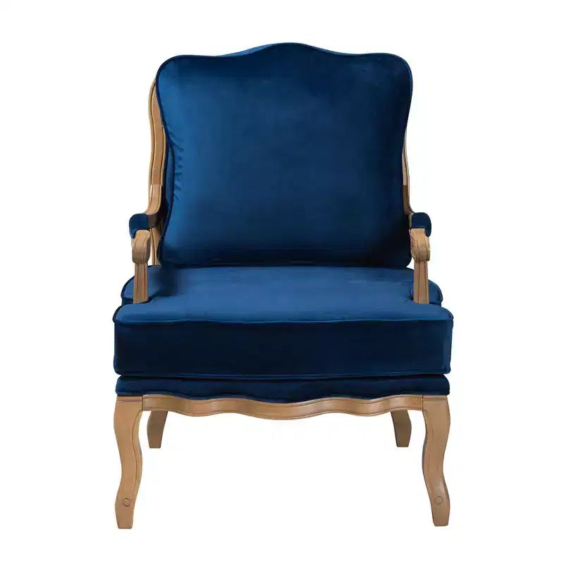 Poltrona accentuata in tessuto tradizionale blu navy e legno di quercia francese marrone