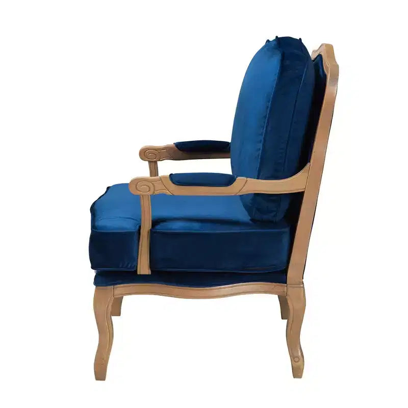 Poltrona accentuata in tessuto tradizionale blu navy e legno di quercia francese marrone