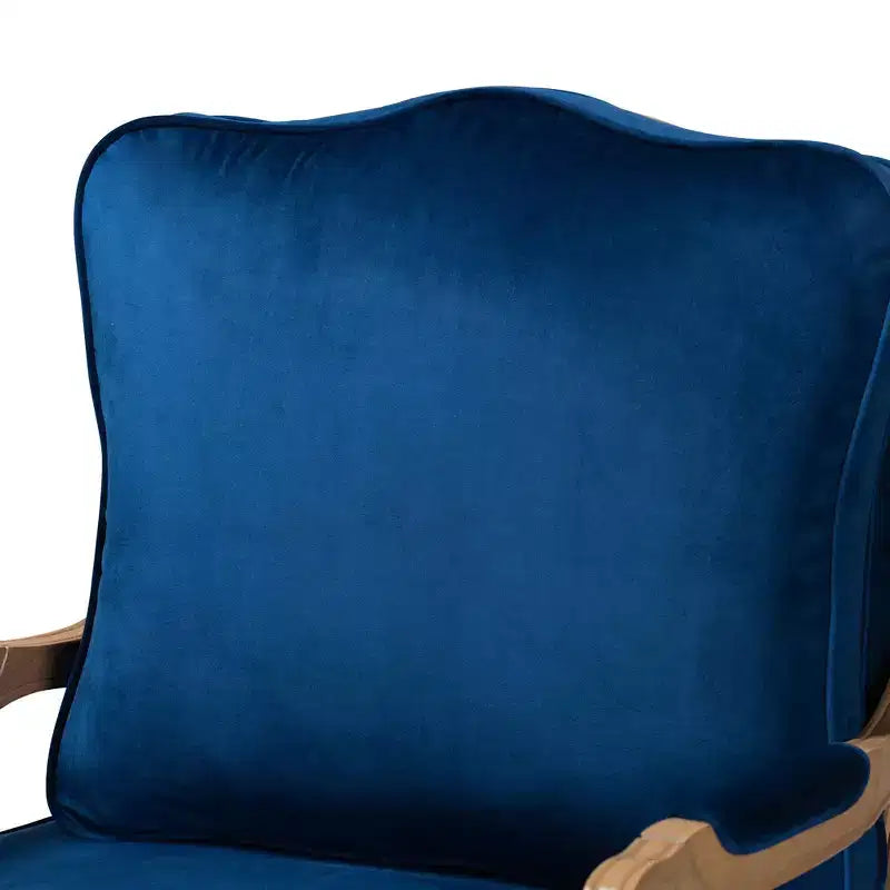 Poltrona accentuata in tessuto tradizionale blu navy e legno di quercia francese marrone
