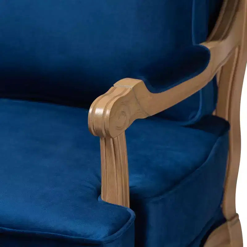 Poltrona accentuata in tessuto tradizionale blu navy e legno di quercia francese marrone