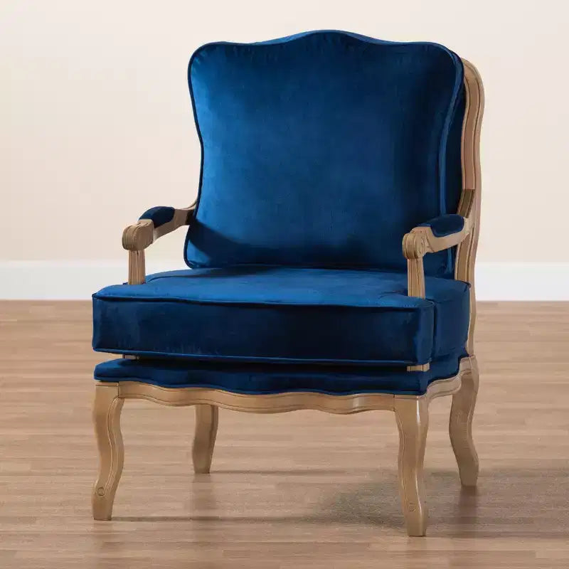 Poltrona accentuata in tessuto tradizionale blu navy e legno di quercia francese marrone