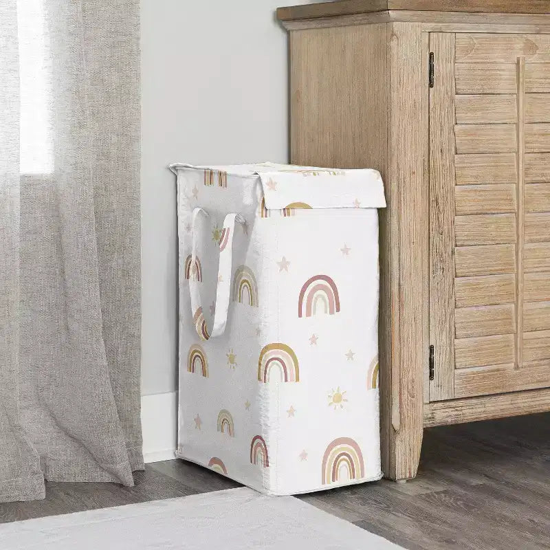 Cesto portabiancheria pieghevole per bambina con manici, motivo arcobaleno boho, rosa, giallo e beige