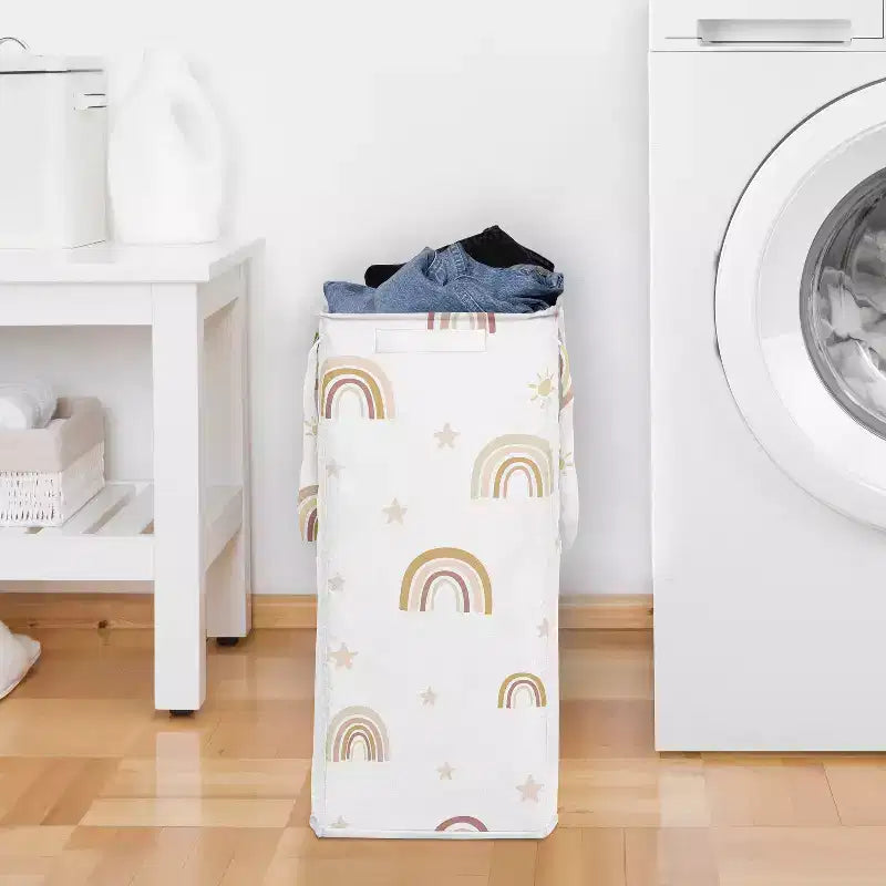 Cesto portabiancheria pieghevole per bambina con manici, motivo arcobaleno boho, rosa, giallo e beige