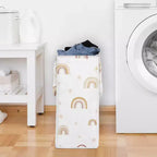 Cesto portabiancheria pieghevole per bambina con manici, motivo arcobaleno boho, rosa, giallo e beige