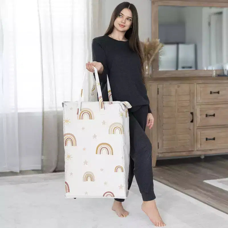 Cesto portabiancheria pieghevole per bambina con manici, motivo arcobaleno boho, rosa, giallo e beige