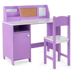 Scrivania per bambini con sedia, lavagna, pennarello, cassetti, armadietto contenitore, viola/bianco