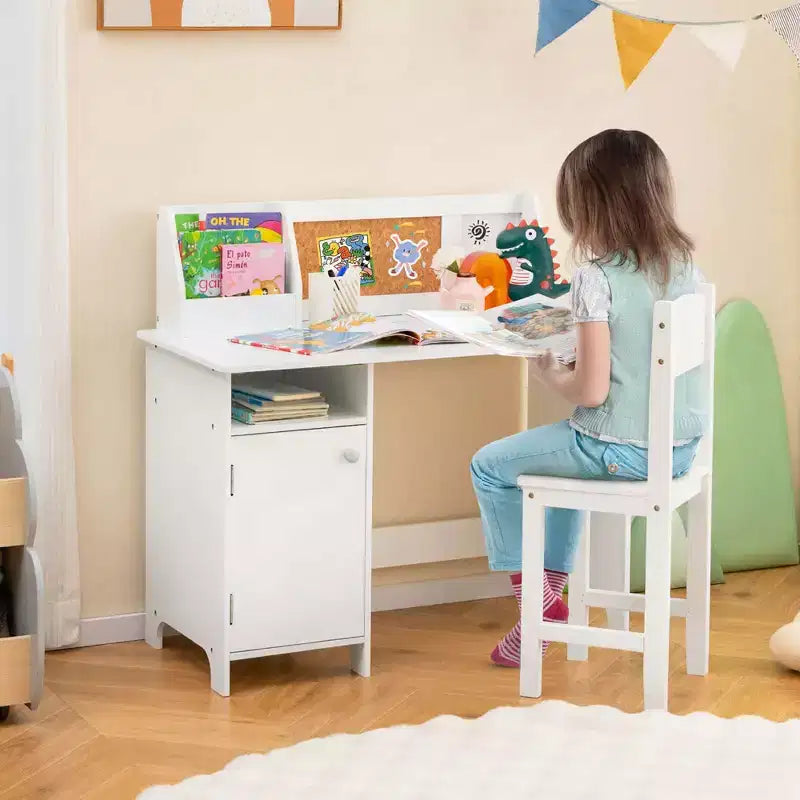 Scrivania per bambini con sedia, lavagna, pennarello, cassetti, armadietto contenitore, viola/bianco