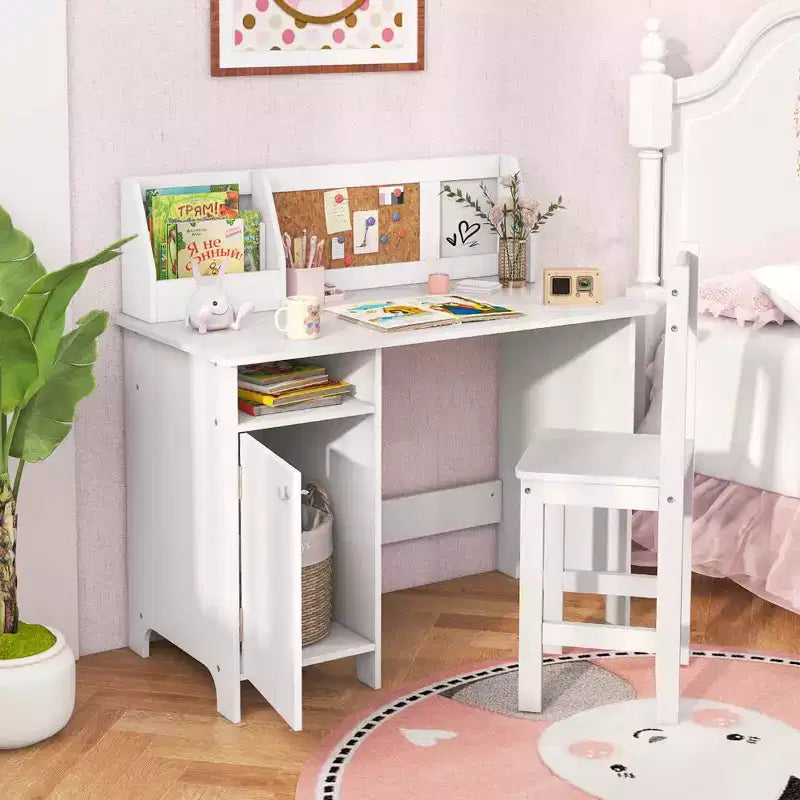 Scrivania per bambini con sedia, lavagna, pennarello, cassetti, armadietto contenitore, viola/bianco