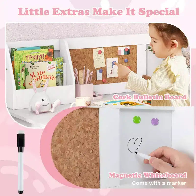 Scrivania per bambini con sedia, lavagna, pennarello, cassetti, armadietto contenitore, viola/bianco