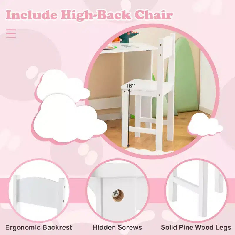 Scrivania per bambini con sedia, lavagna, pennarello, cassetti, armadietto contenitore, viola/bianco