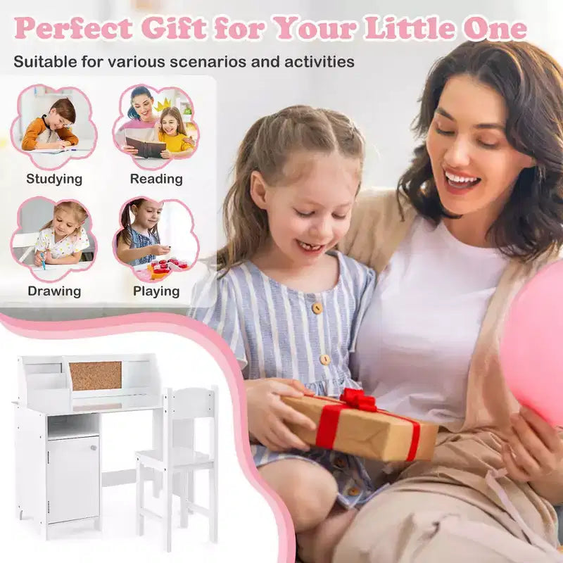 Scrivania per bambini con sedia, lavagna, pennarello, cassetti, armadietto contenitore, viola/bianco