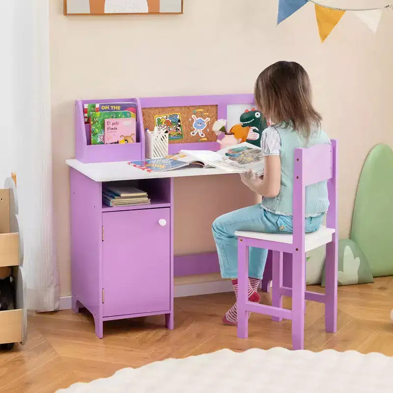 Scrivania per bambini con sedia, lavagna, pennarello, cassetti, armadietto contenitore, viola/bianco