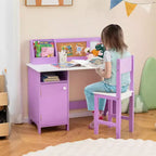 Scrivania per bambini con sedia, lavagna, pennarello, cassetti, armadietto contenitore, viola/bianco
