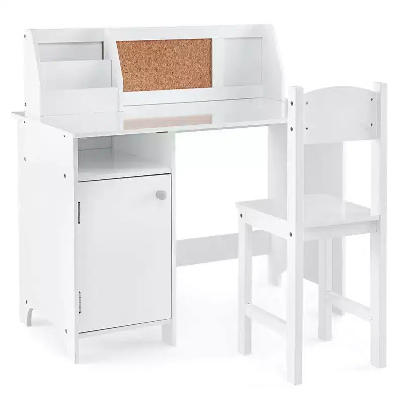 Scrivania per bambini con sedia, lavagna, pennarello, cassetti, armadietto contenitore, viola/bianco