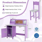 Scrivania per bambini con sedia, lavagna, pennarello, cassetti, armadietto contenitore, viola/bianco