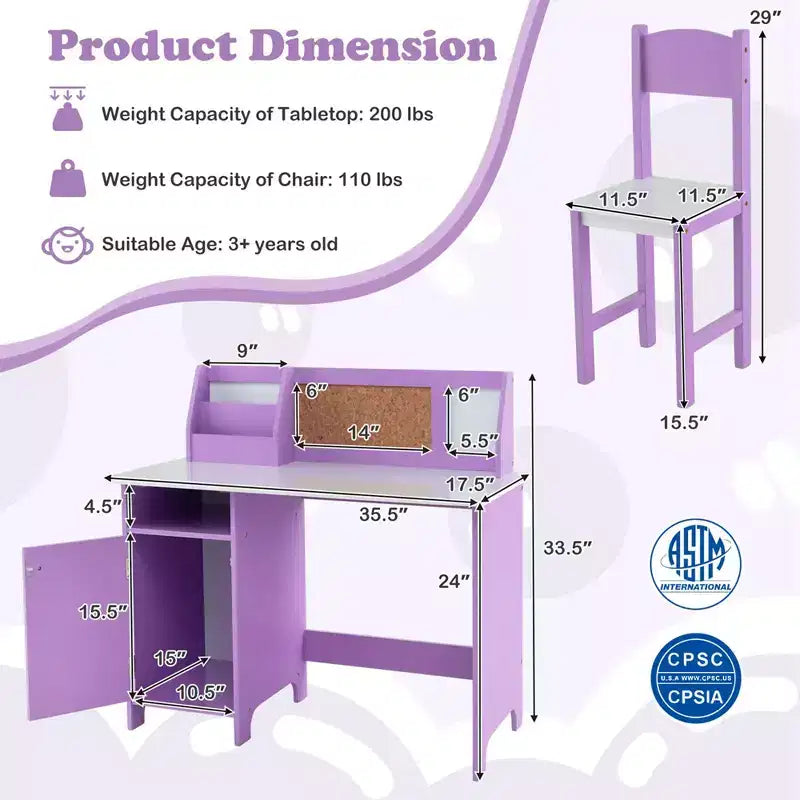 Scrivania per bambini con sedia, lavagna, pennarello, cassetti, armadietto contenitore, viola/bianco