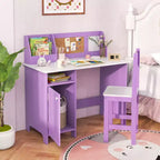 Scrivania per bambini con sedia, lavagna, pennarello, cassetti, armadietto contenitore, viola/bianco