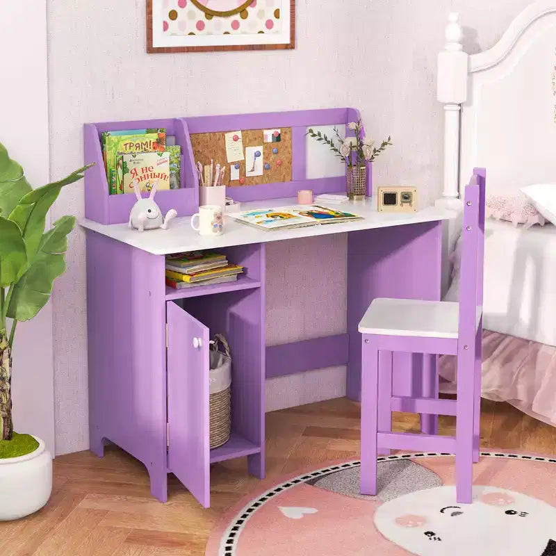 Scrivania per bambini con sedia, lavagna, pennarello, cassetti, armadietto contenitore, viola/bianco