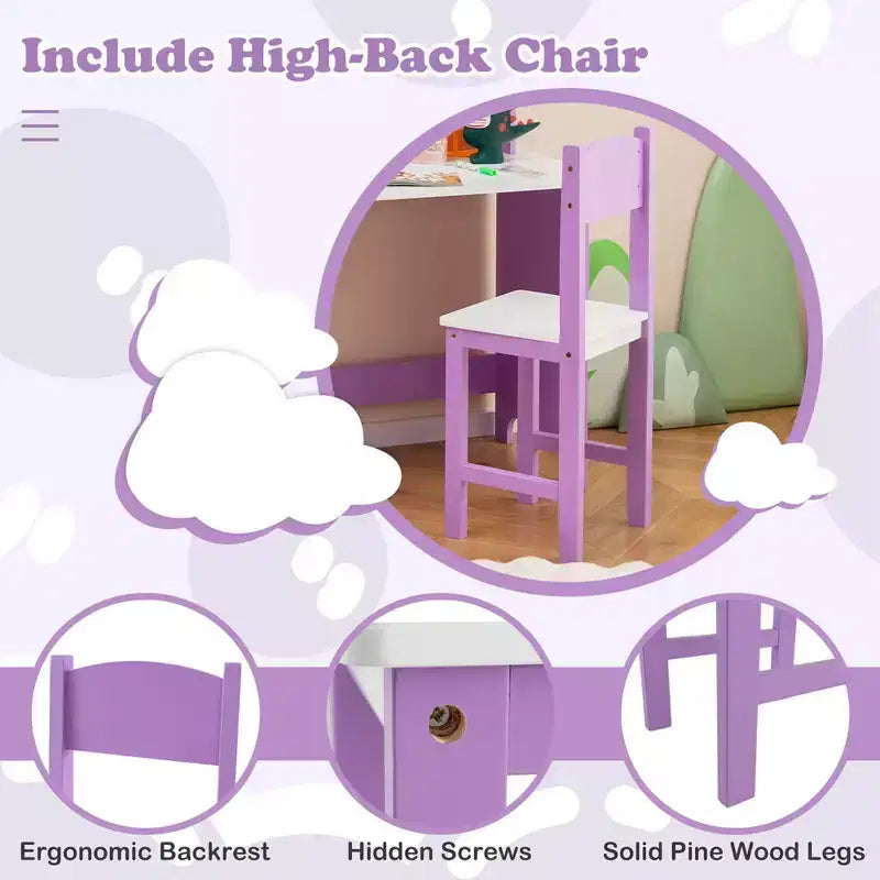 Scrivania per bambini con sedia, lavagna, pennarello, cassetti, armadietto contenitore, viola/bianco