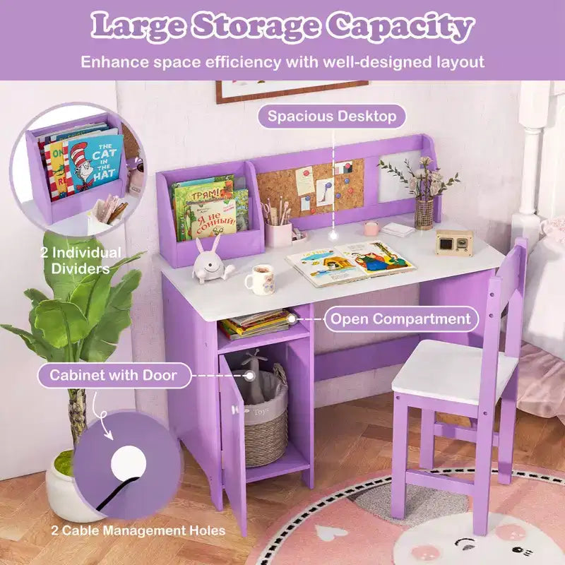 Scrivania per bambini con sedia, lavagna, pennarello, cassetti, armadietto contenitore, viola/bianco
