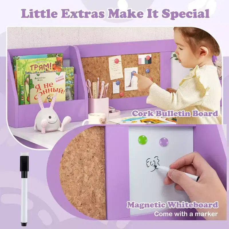 Scrivania per bambini con sedia, lavagna, pennarello, cassetti, armadietto contenitore, viola/bianco