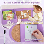 Scrivania per bambini con sedia, lavagna, pennarello, cassetti, armadietto contenitore, viola/bianco