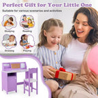 Scrivania per bambini con sedia, lavagna, pennarello, cassetti, armadietto contenitore, viola/bianco