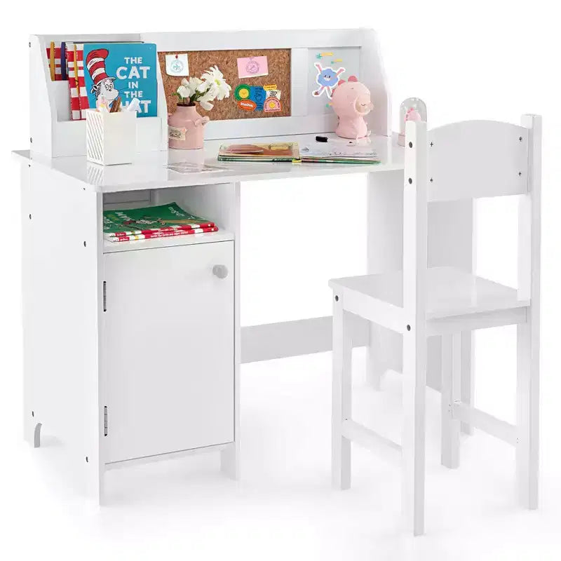Scrivania per bambini con sedia, lavagna, pennarello, cassetti, armadietto contenitore, viola/bianco