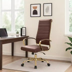 Sedia da ufficio con schienale alto e schienale a coste in pelle - Sedia direzionale moderna girevole e inclinabile - Base dorata