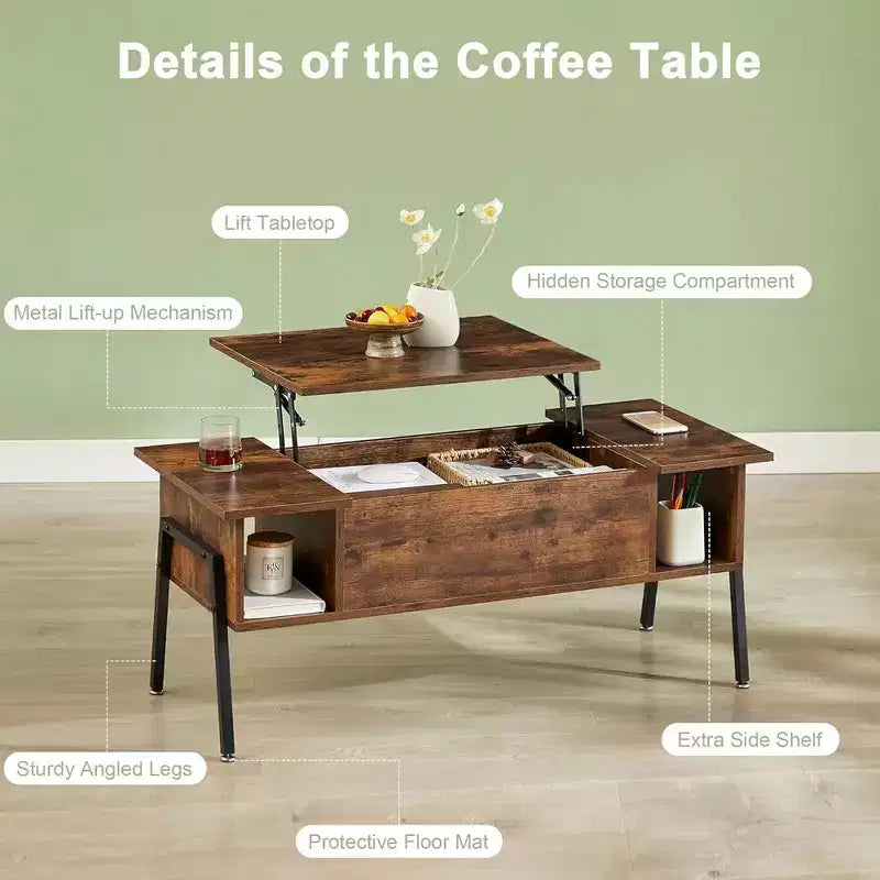 Tavolino da caffè con ripiano sollevabile da 42 pollici con gambe in metallo, tavolino centrale rialzabile con vano nascosto e 2 ripiani portaoggetti