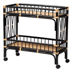 Carrello da Cucina a 2 Ripiani in Rattan Naturale Marrone e Nero Bicolore, Stile Bohemien Moderno
