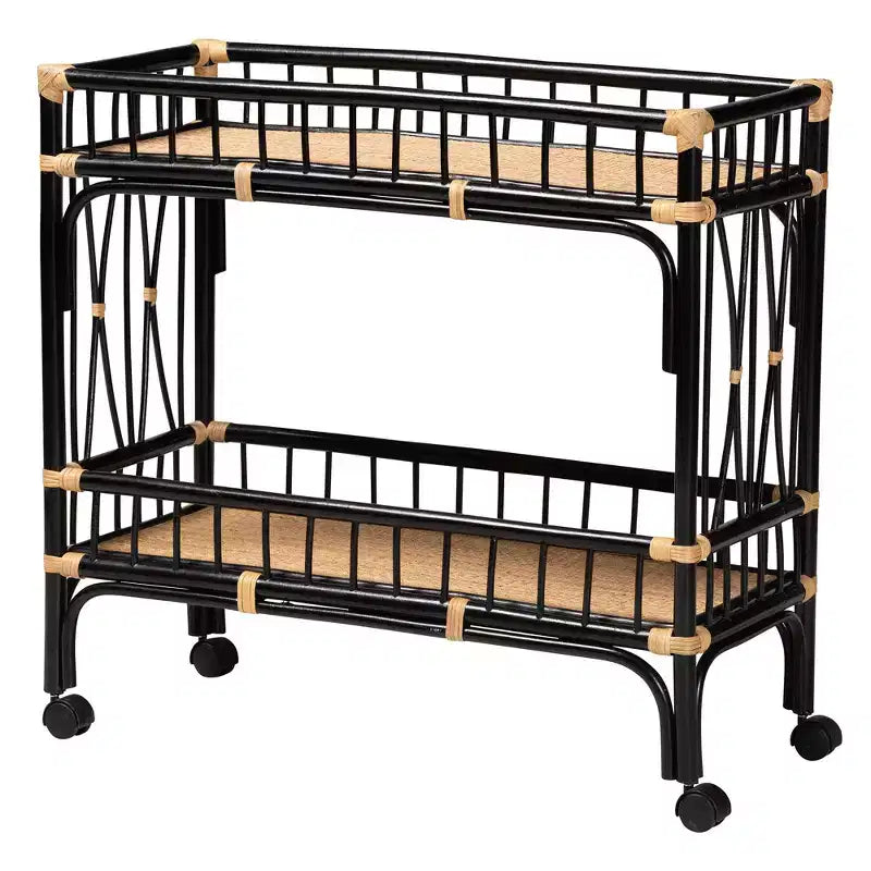 Carrello da Cucina a 2 Ripiani in Rattan Naturale Marrone e Nero Bicolore, Stile Bohemien Moderno