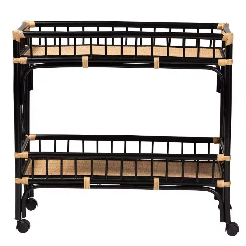 Carrello da Cucina a 2 Ripiani in Rattan Naturale Marrone e Nero Bicolore, Stile Bohemien Moderno