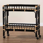 Carrello da Cucina a 2 Ripiani in Rattan Naturale Marrone e Nero Bicolore, Stile Bohemien Moderno