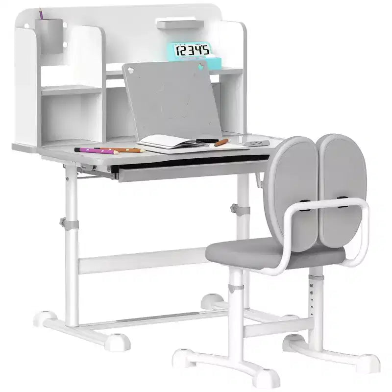 Qaba Kids Desk and Chair Set, Height Adjustable Kids School Study Desk and Chair Set with Tilt Desktop, Storage Drawer and Reading Rack