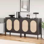 Mobile Buffet, Madia in Rattan con Ante e Ripiani, Credenza per Soggiorno, Sala da Pranzo, Corridoio