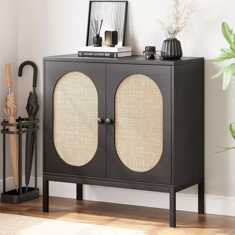 Mobile Buffet, Madia in Rattan con Ante e Ripiani, Credenza per Soggiorno, Sala da Pranzo, Corridoio