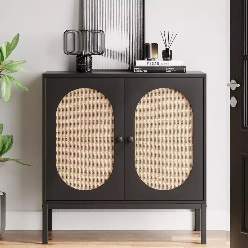 Mobile Buffet, Madia in Rattan con Ante e Ripiani, Credenza per Soggiorno, Sala da Pranzo, Corridoio