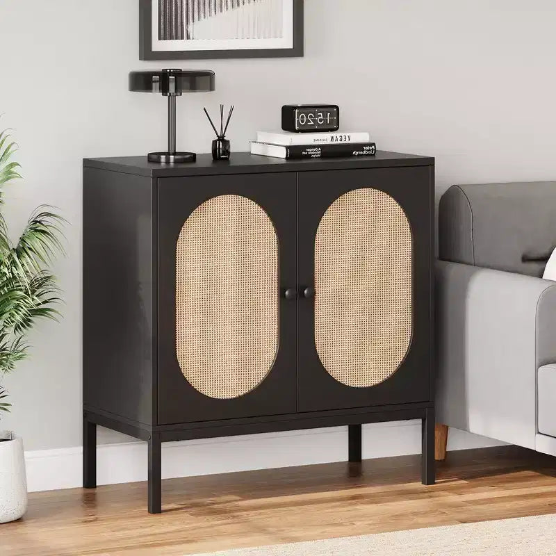Mobile Buffet, Madia in Rattan con Ante e Ripiani, Credenza per Soggiorno, Sala da Pranzo, Corridoio