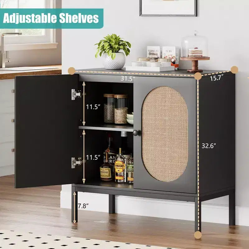 Mobile Buffet, Madia in Rattan con Ante e Ripiani, Credenza per Soggiorno, Sala da Pranzo, Corridoio