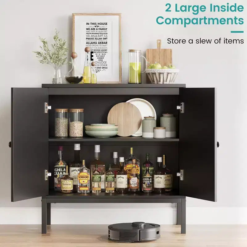 Mobile Buffet, Madia in Rattan con Ante e Ripiani, Credenza per Soggiorno, Sala da Pranzo, Corridoio