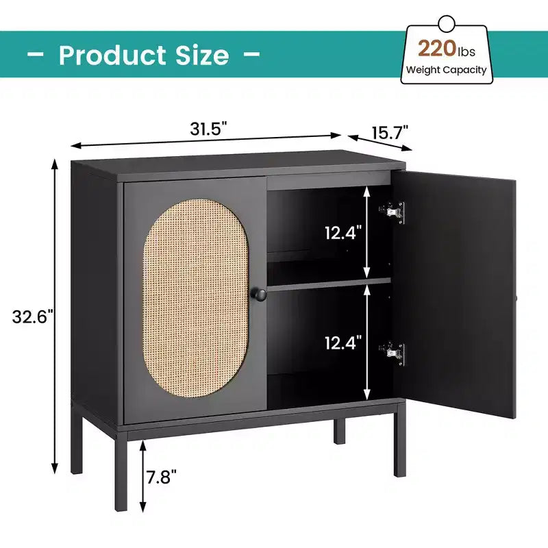 Mobile Buffet, Madia in Rattan con Ante e Ripiani, Credenza per Soggiorno, Sala da Pranzo, Corridoio